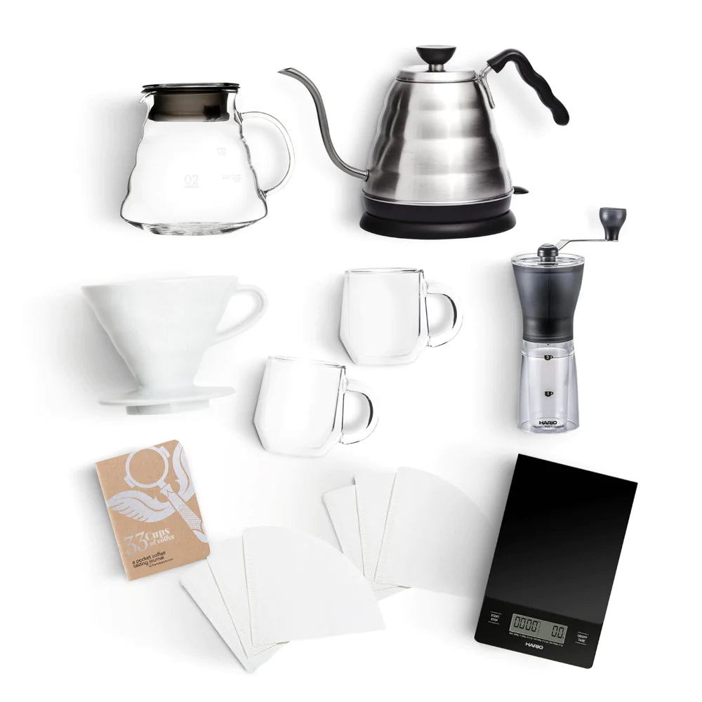 HARIO V60-02 COMPLETE HOME POUR OVER KIT & HEARTH GLASS MUGS